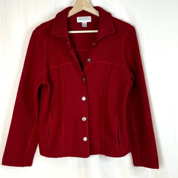 Casual Corner Annex New Zealand Wool Cardigan Petite Medium Red Pewter Button - Picture 1 of 10